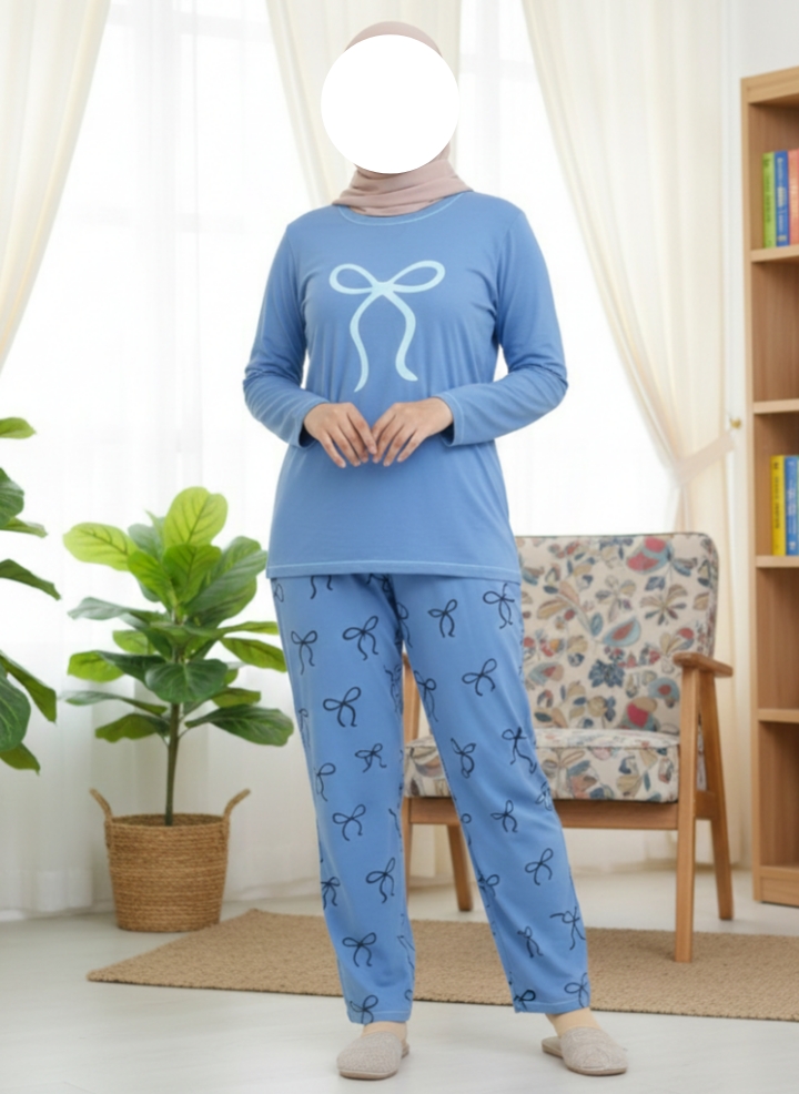 Blue Graphic Slogan Top & Ethnic Print Pajama Set